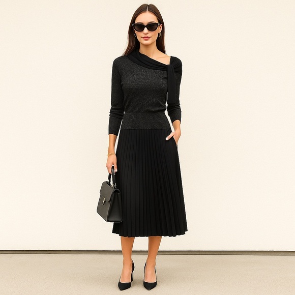 Ramy Brook New York Silver Metallic Shiny Knit Black Tie Neck Sweater - Picture 1 of 10